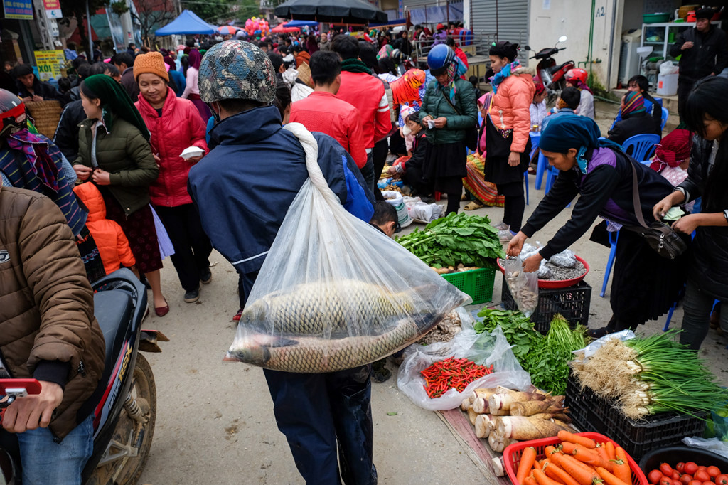 Một người đàn ông đang nhanh chóng di chuyển vào chợ để bán cá chép. Mặt hàng thực phẩm ở chợ phiên đa dạng với nhiều đặc sản của địa phương, bao gồm cả các loại rau củ đặc trưng.