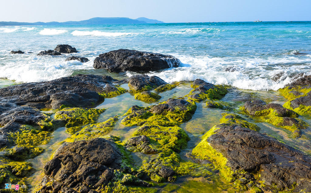 Từng đợt sóng biển vỗ vào bãi đá xanh rêu tung bọt trắng xóa tạo nên không gian thiên nhiên lãng mạn, trữ tình làm say lòng du khách. 