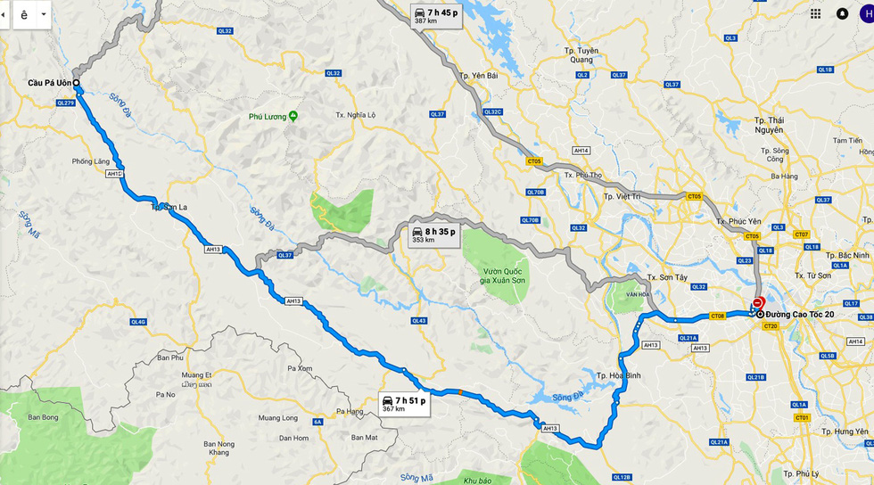 Quãng đường trên bản đồ từ Hà Nội đến Quỳnh Nhai