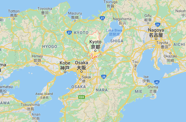 Vị trí cố đô Kyoto (khoanh đỏ) trên bản đồ. Tàu Shinkansen chạy từ Tokyo tới Kyoto hết khoảng 2 giờ 20 phút -Ảnh chụp màn hình